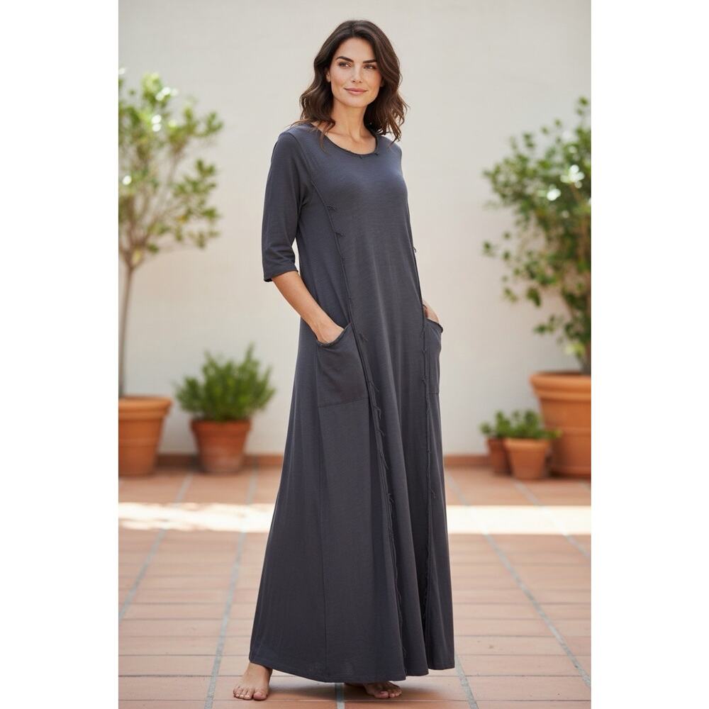 A Rare Bird Sz S/M Cotton Slate Blue Distressed Maxi Dress W/Pockets